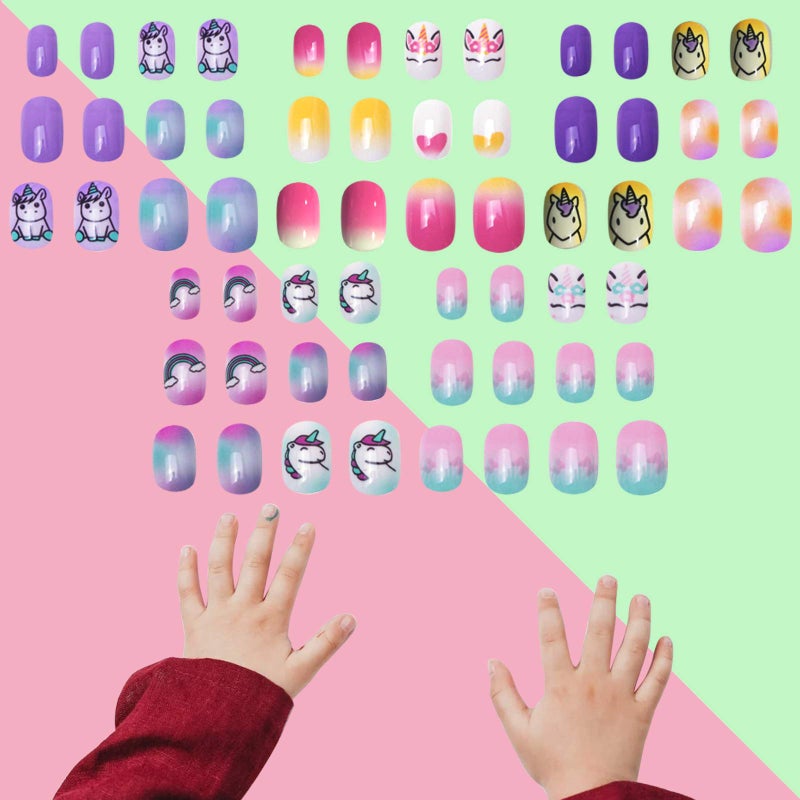 SIUSIO 120 Pcs 5 Pack Children Acrylic Fake Nails Press on Pre-glue Full Cover Glitter Gradient Color Rainbow Short False Nail Art Kits Set for Kids Little Girls - Unicorn Series - Image 2